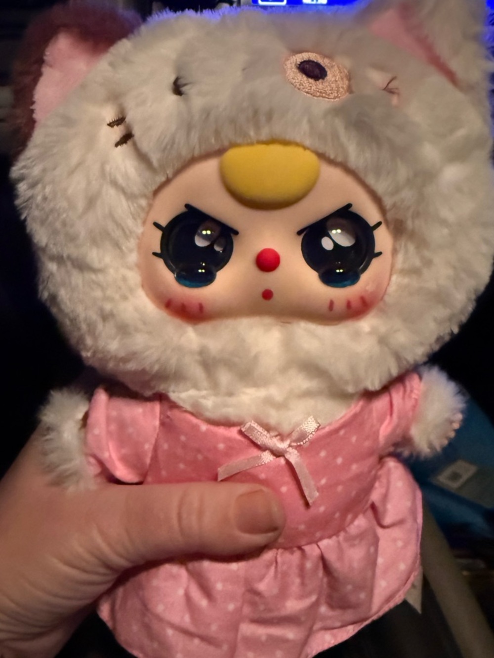 baby three mystery cat with dress with keychain clip!